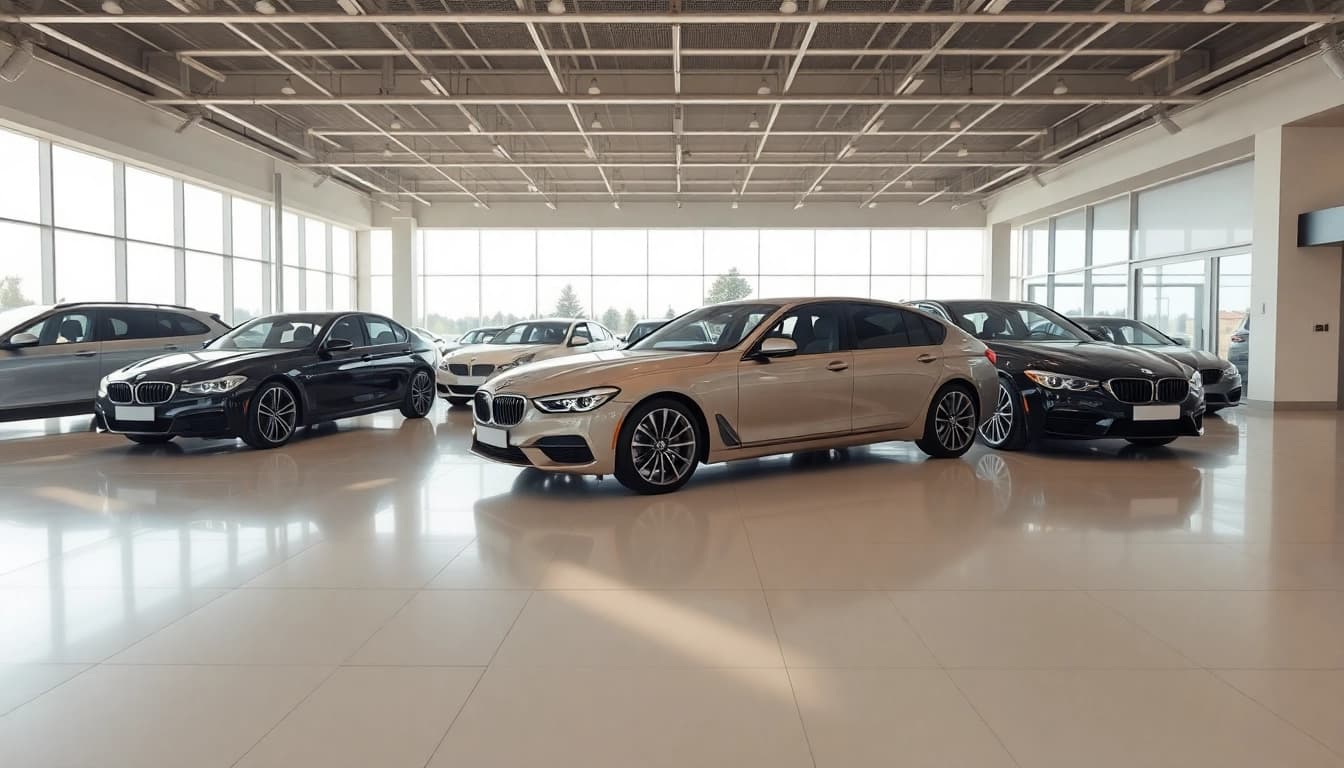 Auto kaufen in einem stilvollen Autohaus mit verschiedenen Fahrzeugen und eleganter Beleuchtung.