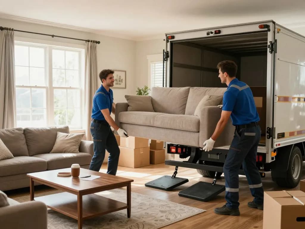 Furniture removal team carefully loading a sofa into a truck for eco-friendly disposal