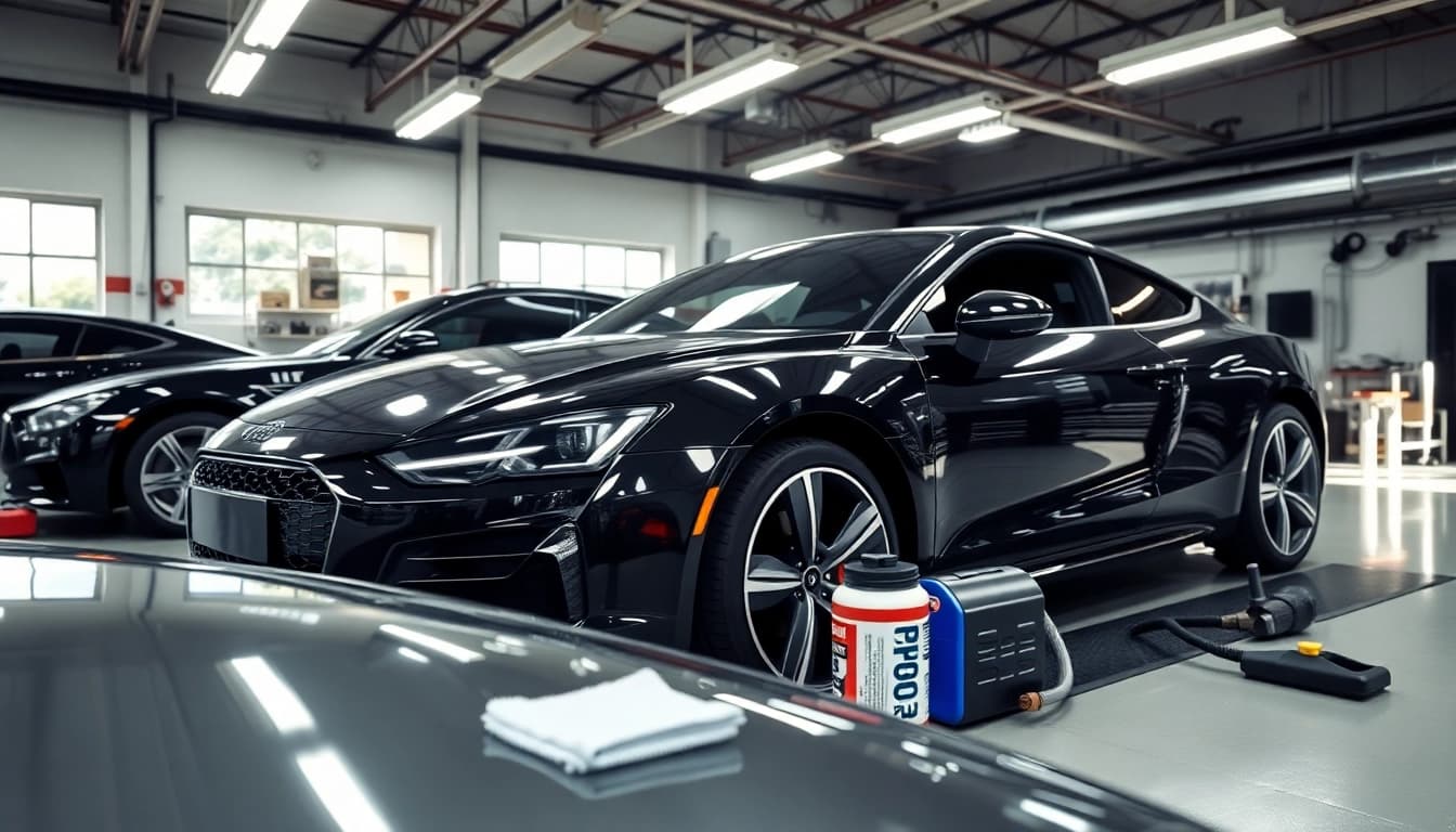 Fahrzeugaufbereitung im professionellen Garagenraum mit glänzenden Autos und Details.