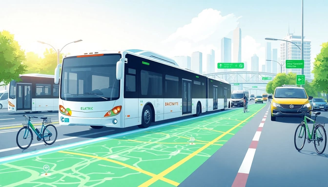 Verkehrstechnologie in einer urbanen Umgebung mit innovativen Verkehrsmitteln und interaktiven Karten.