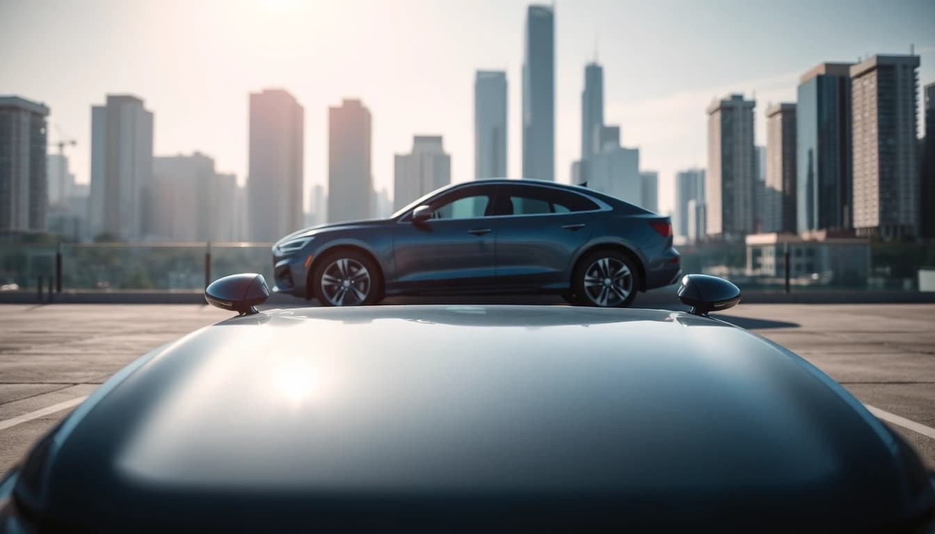 Autovergleich durch die Gegenüberstellung von modernen Autos in einer urbanen Umgebung.
