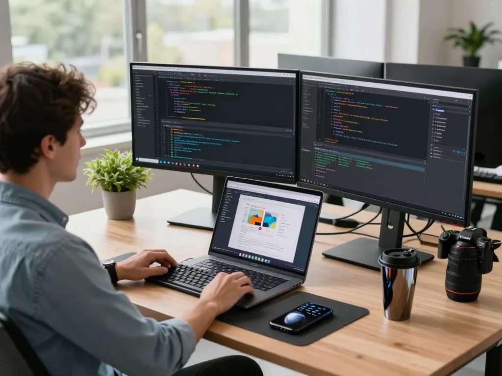 Experience fast browsing with 谷歌浏览器 in a dynamic tech workspace scene featuring a developer at work.