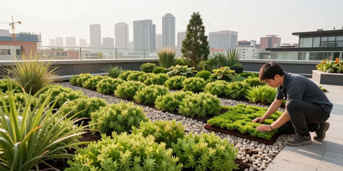 Installation einer extensiven Dachbegrünung mit Sedum-Pflanzen in städtischer Umgebung