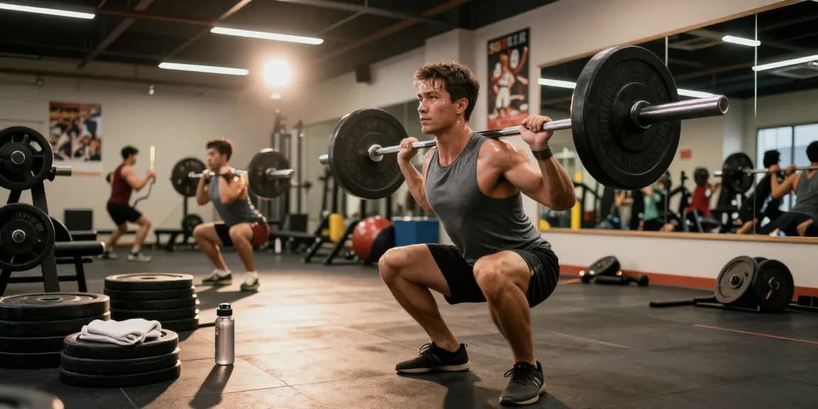 Mann trainiert mit einer Langhantel im Steroidshop Fitnessstudio und zeigt seine Fitnessreise.
