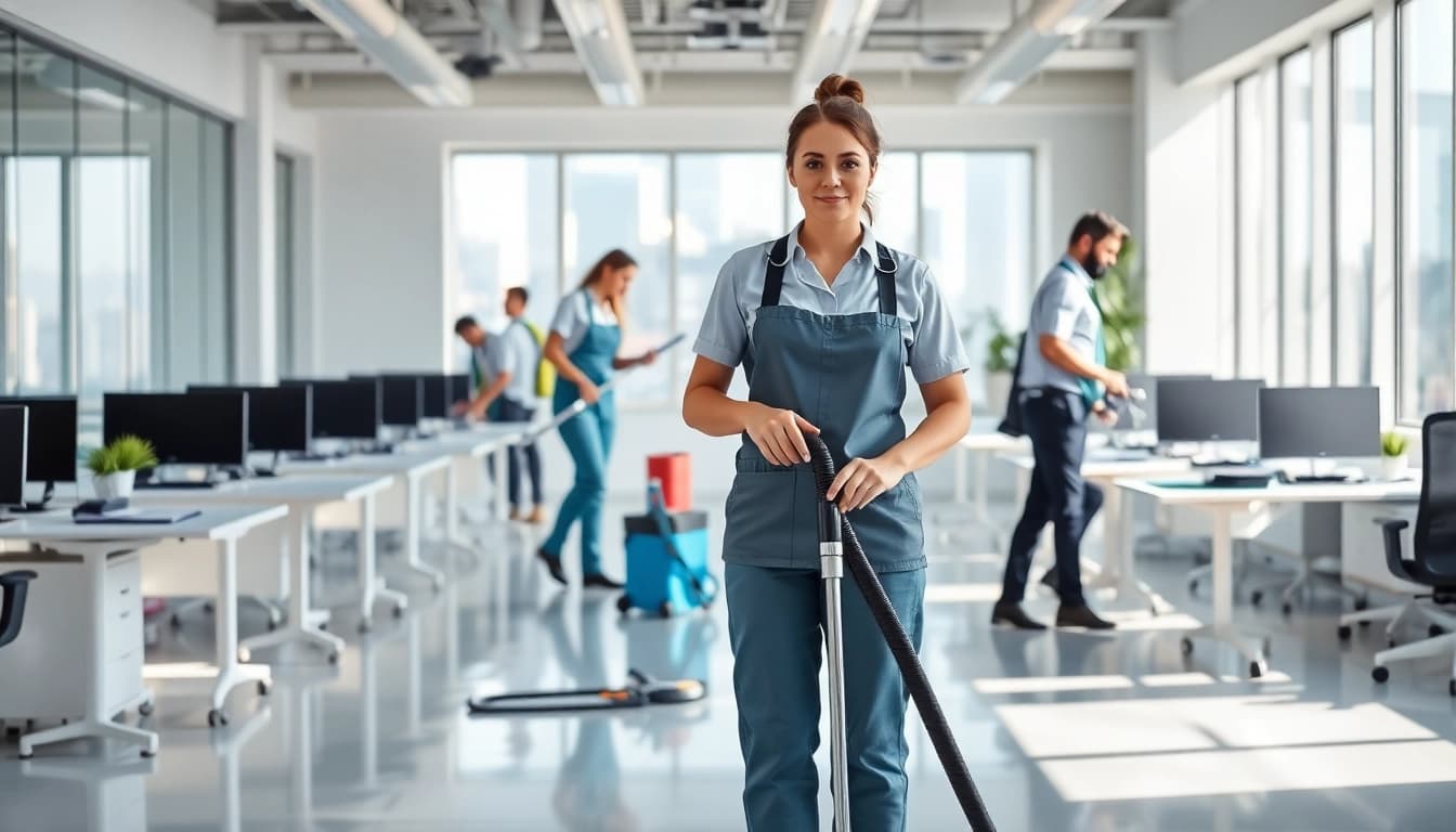 Effektive Hofreinigung durch professionelle Reinigungskräfte in einem modernen Büro.