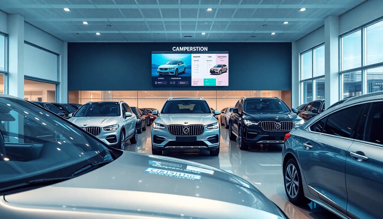 Autovergleich von verschiedenen Fahrzeugmodellen in einem modernen Autohaus.