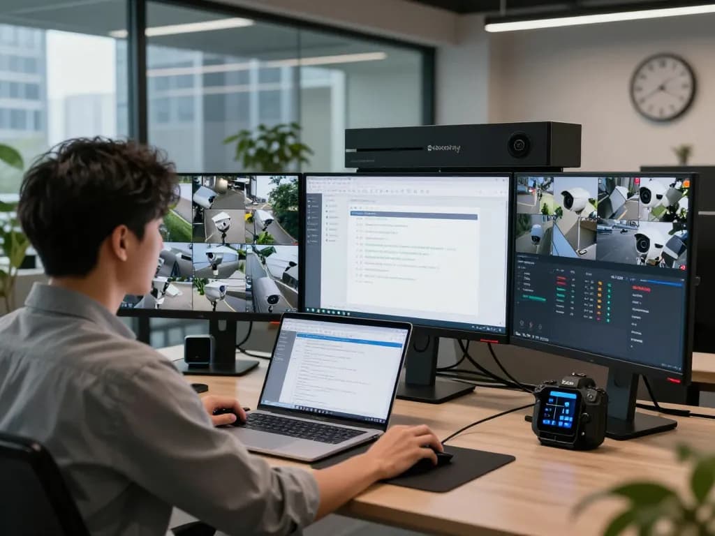 Experte sichert Synology Kamera-Lizenzen in einem modernen Technikarbeitsplatz mit Fokus auf Überwachungskonfigurationen.
