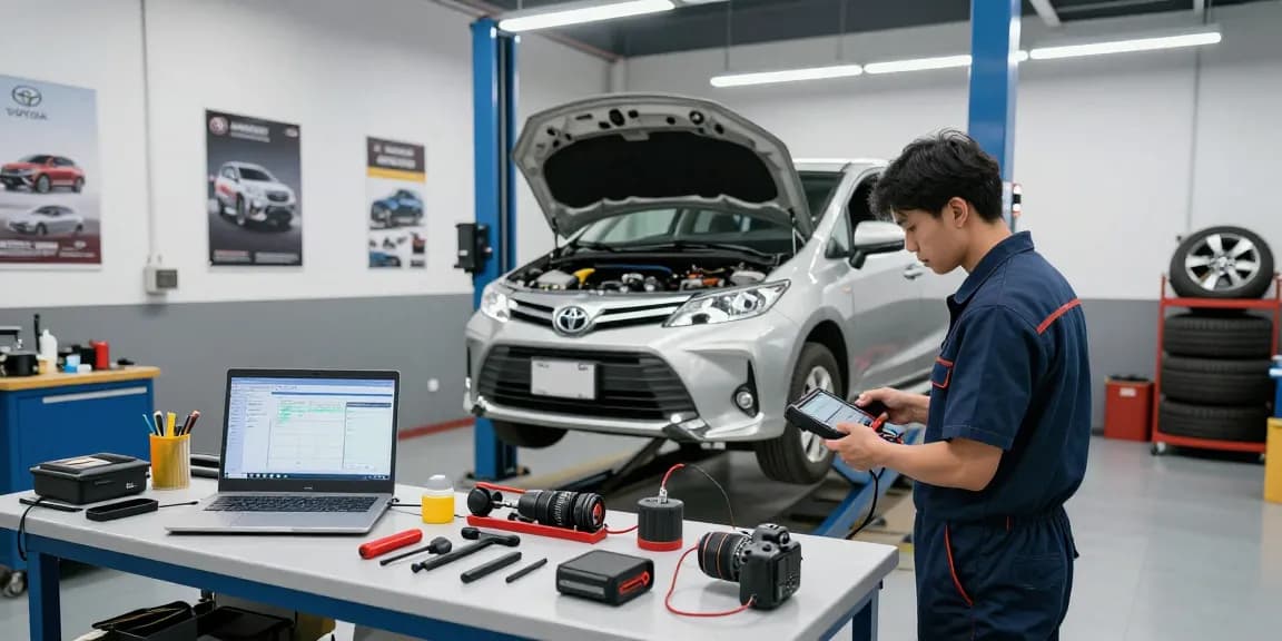 Mechaniker, der einen Toyota Verso Motor in einer hellen Automobilwerkstatt inspiziert.
