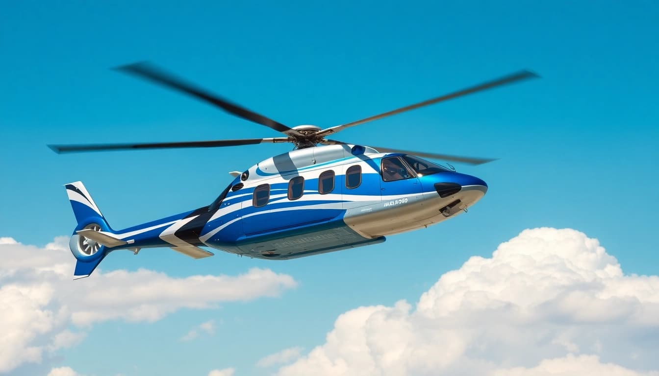 Eurocopter im Flug mit leuchtendem Himmel und dynamischer Perspektive.