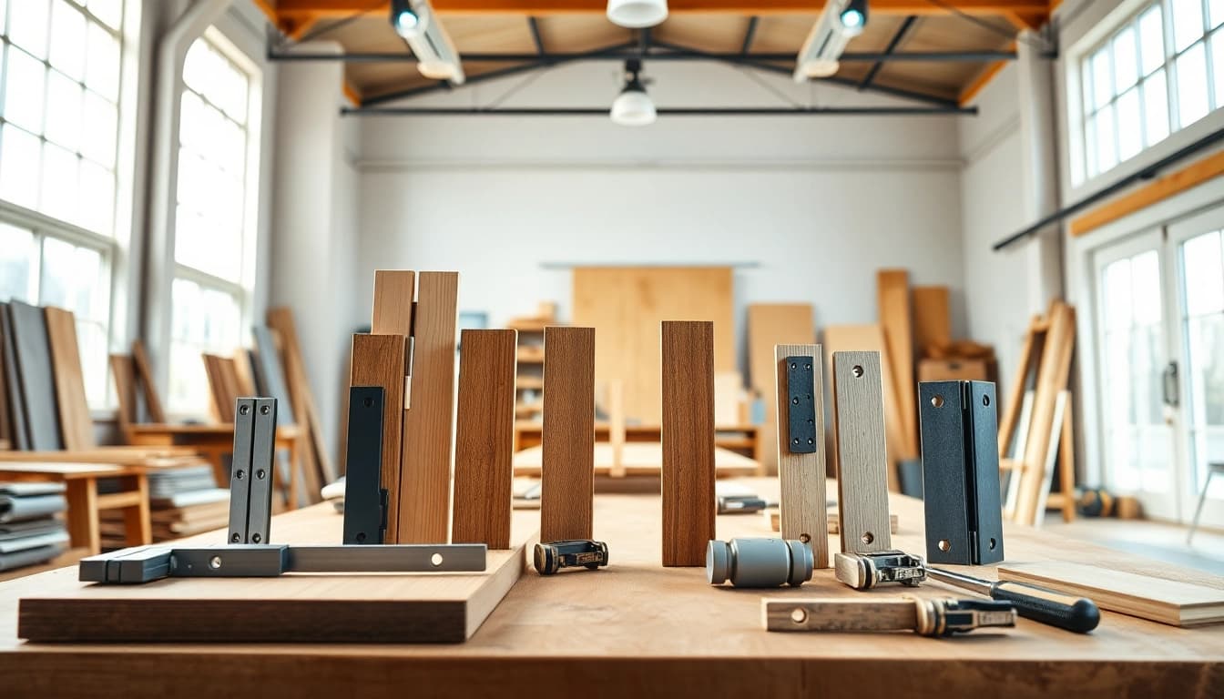 Möbelbeschläge Lieferant mit eleganten Hardware-Elementen in einer stilvollen Werkstatt umgeben von natürlichem Licht.