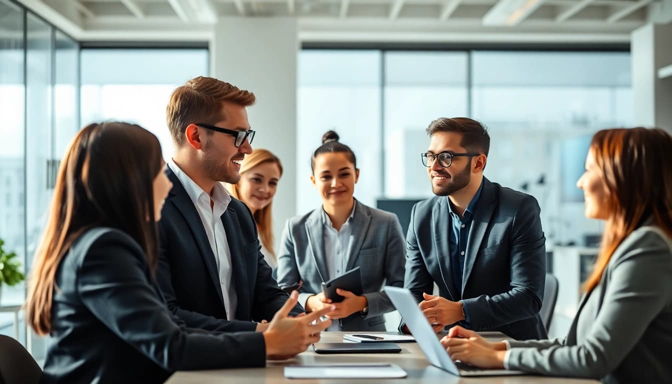 Headhunter IT in a vibrant office guiding diverse clients through recruitment strategies.