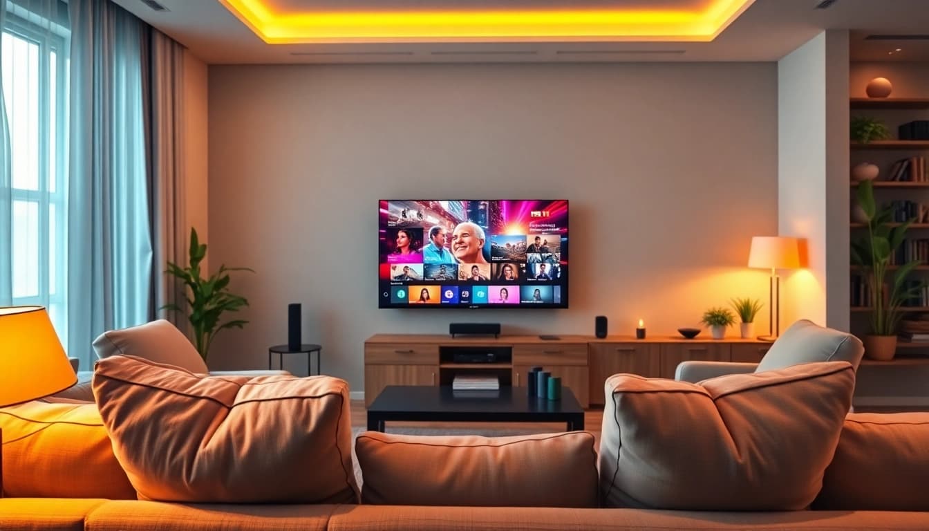 iptv kaufen für das moderne Wohnzimmer mit angenehmem Licht und komfortablen Möbeln.