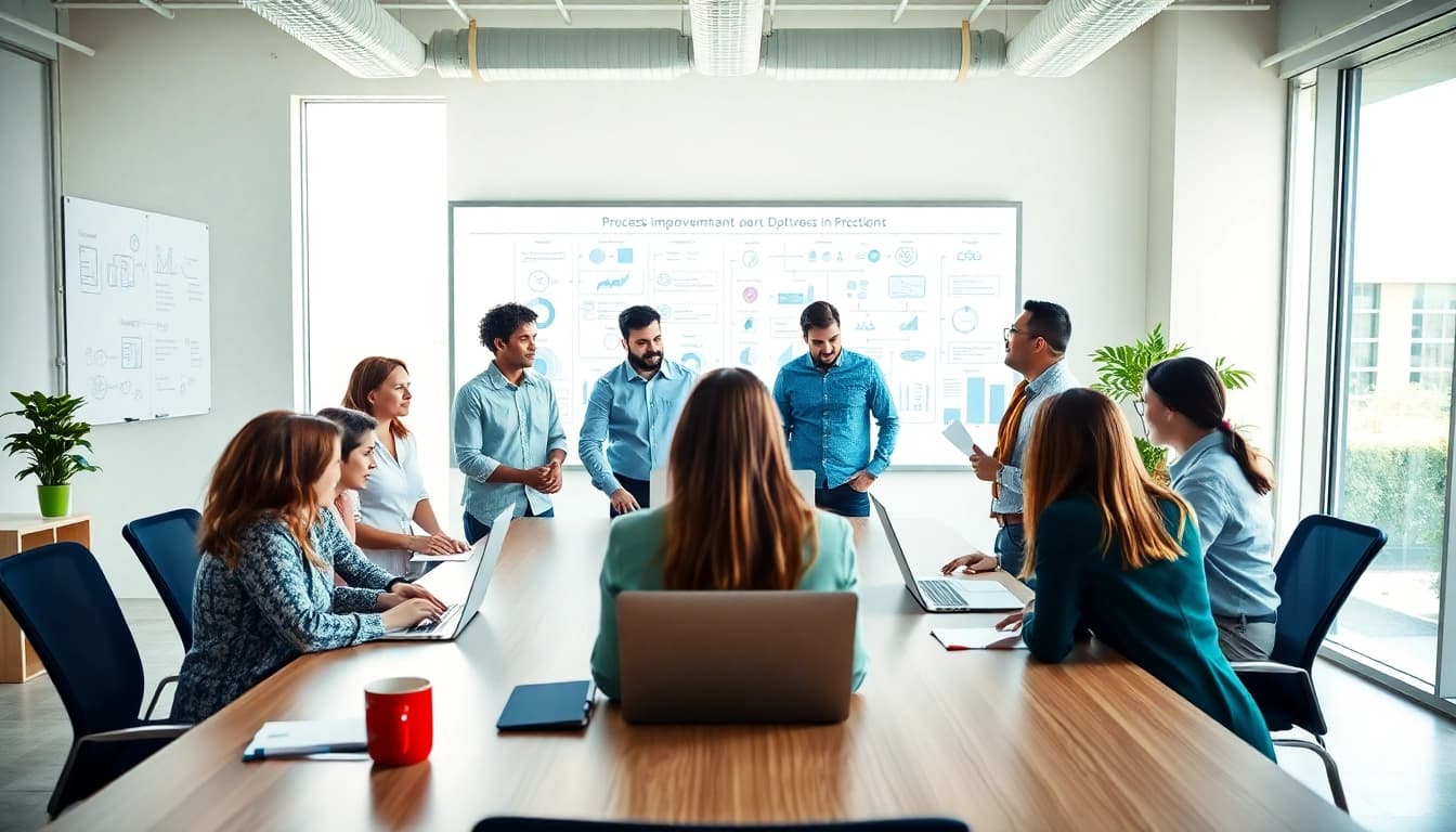 Prozessverbesserung im Büro: Aktive Teamdiskussion in modernem Arbeitsumfeld.