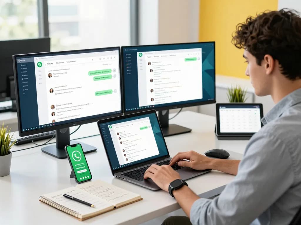 在现代工作空间中使用WhatsApp网页版，配有双显示器和充满活力的科技氛围。
