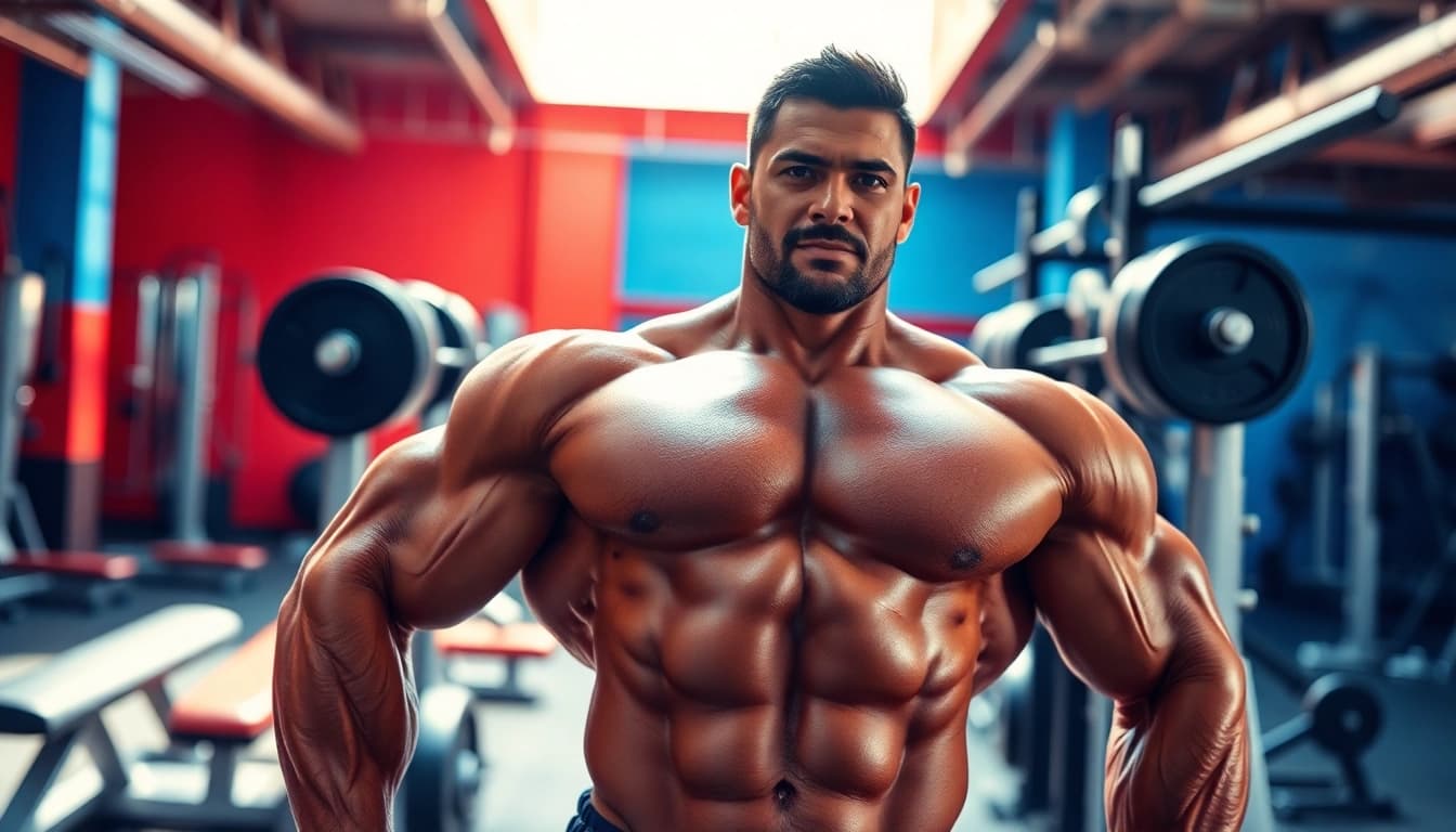 Muscle-building session with trenbolon kaufen focus, showcasing strength and determination in a gym.