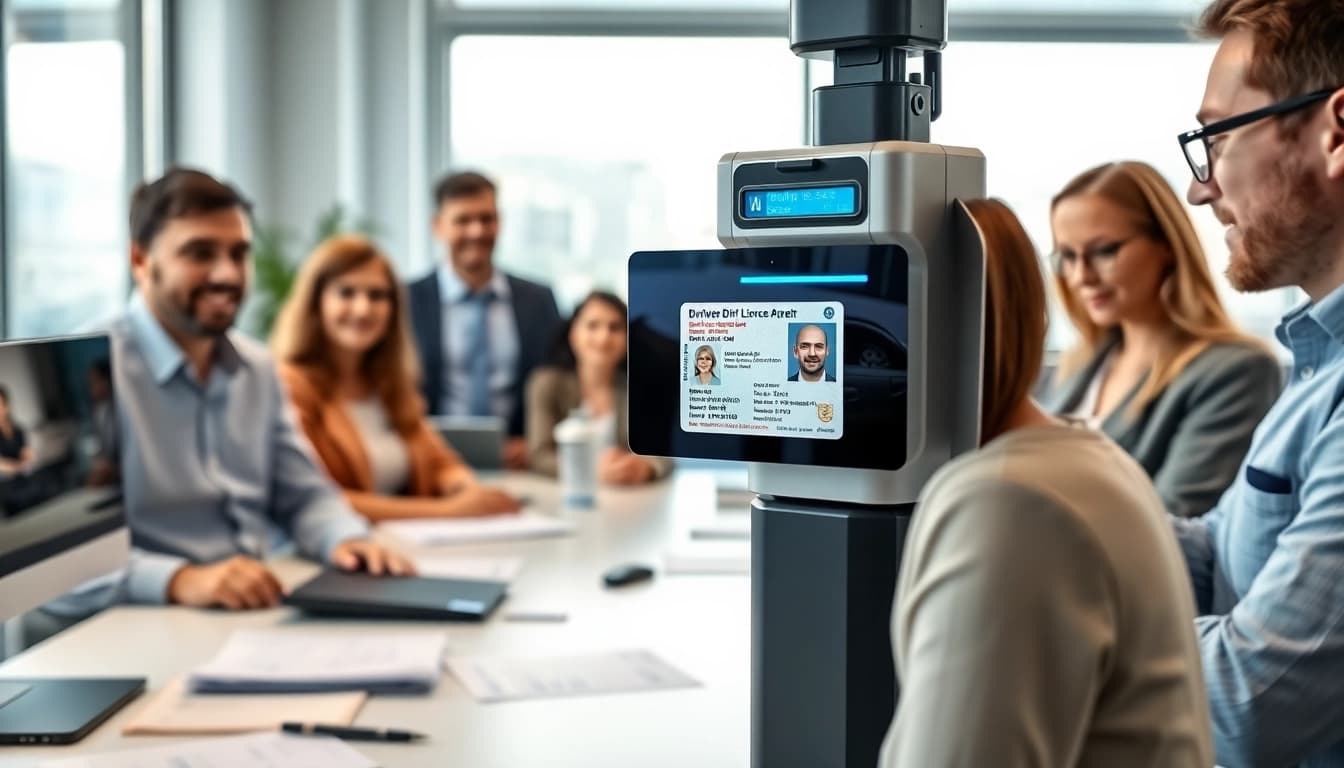 Digitale Verifizierung der Führerscheinkontrolle in einem modernen Büro mithilfe fortschrittlicher Technologie.