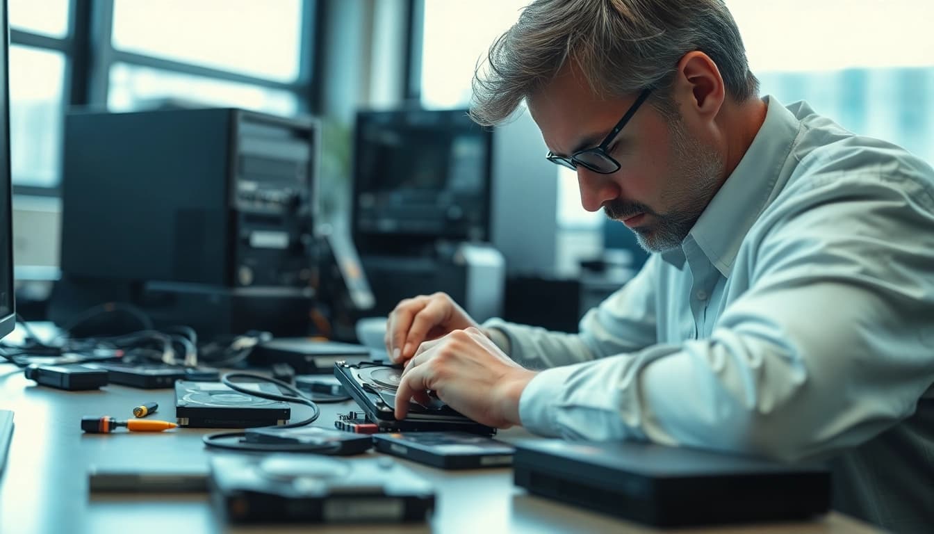 Effiziente datenrettung wien durch spezialisierte Techniker bei der Arbeit.