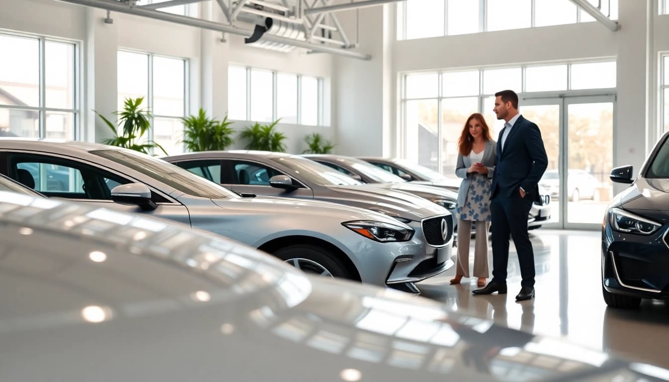 Auto kaufen in einem modernen Showroom mit eleganten Fahrzeugen und freundlichem Personal.