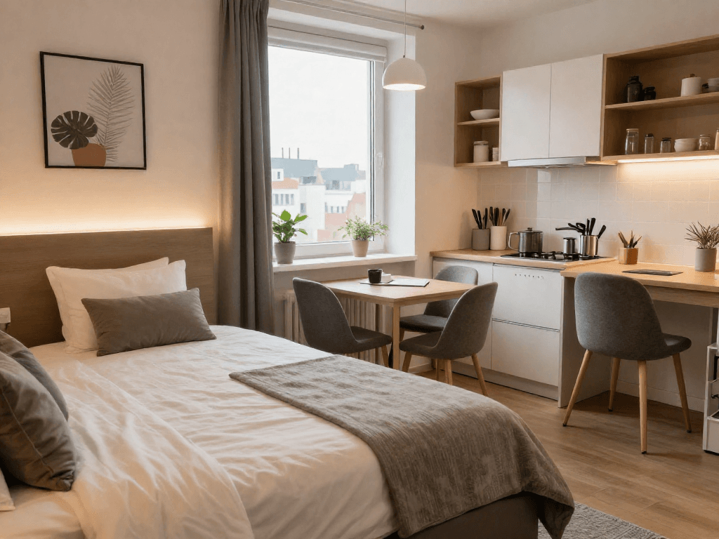 Moderne Monteurzimmer Hannover mit gemütlichem Bett, kompletter Küche und Arbeitsbereich.