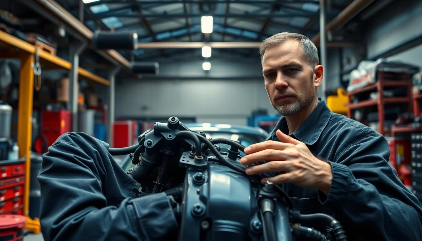 Motorschaden Ankauf: Mechanic inspecting a damaged car engine in a professional garage.