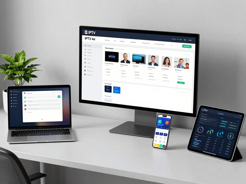 An IPTV reseller's dashboard showcasing subscription details and performance metrics in a modern workspace, highlighting scalability and innovative digital solutions.