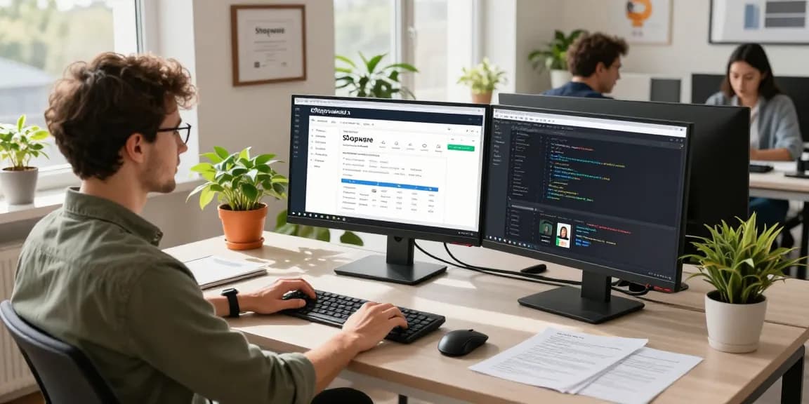 SP Webconsulting-Experte entwickelt E-Commerce-Lösungen in einem modernen Arbeitsraum.