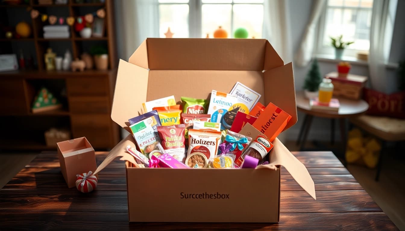 In einer Überraschungsbox bunte Leckereien und Überraschungen entdecken.