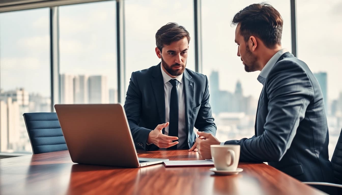 Headhunter conducts an important interview in a sleek office environment, showcasing professionalism.