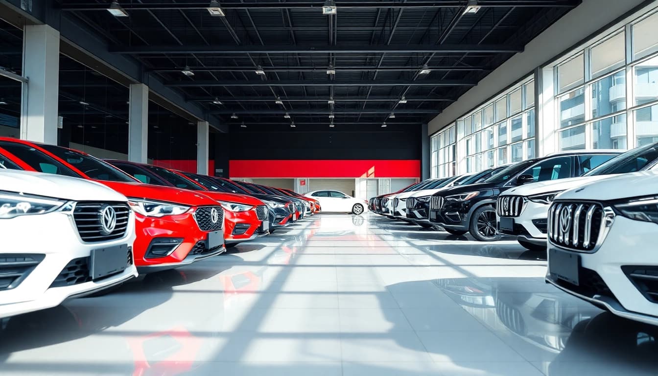 Auto kaufen bei verschiedenen Fahrzeugen in einem modernen Autohaus präsentieren