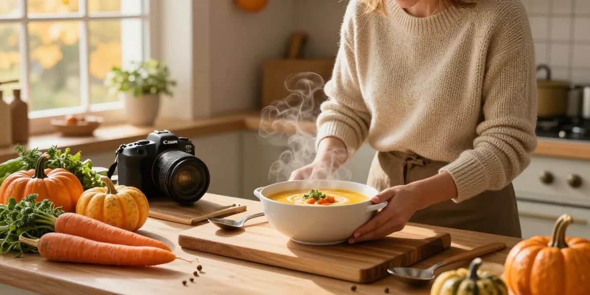 Leckere vegetarische Suppenzubereitung mit saisonalem Gemüse in einer gemütlichen Küche.