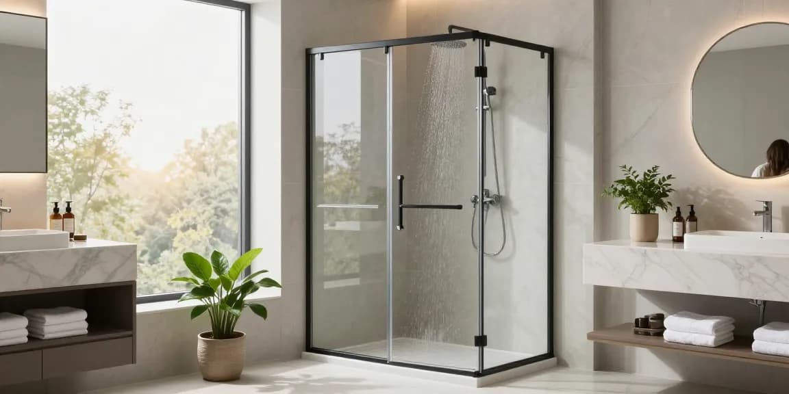 Stijlvolle installatie van een douchecabine met een moderne douchecabine met schuifdeur in een elegante badkamerinrichting.