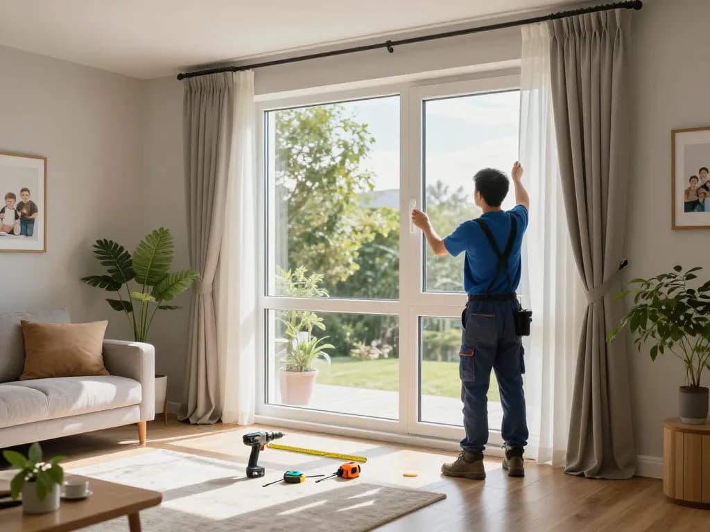 Installateur, der Fenster Schüco in einem modernen Wohnzimmer mit natürlichem Licht einbaut.