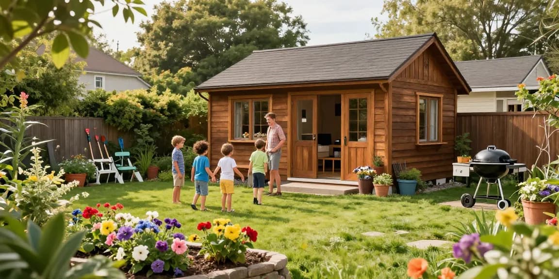 Gartenhäuser aus Holz in einem blühenden Garten mit Familie und Spielzeugen.