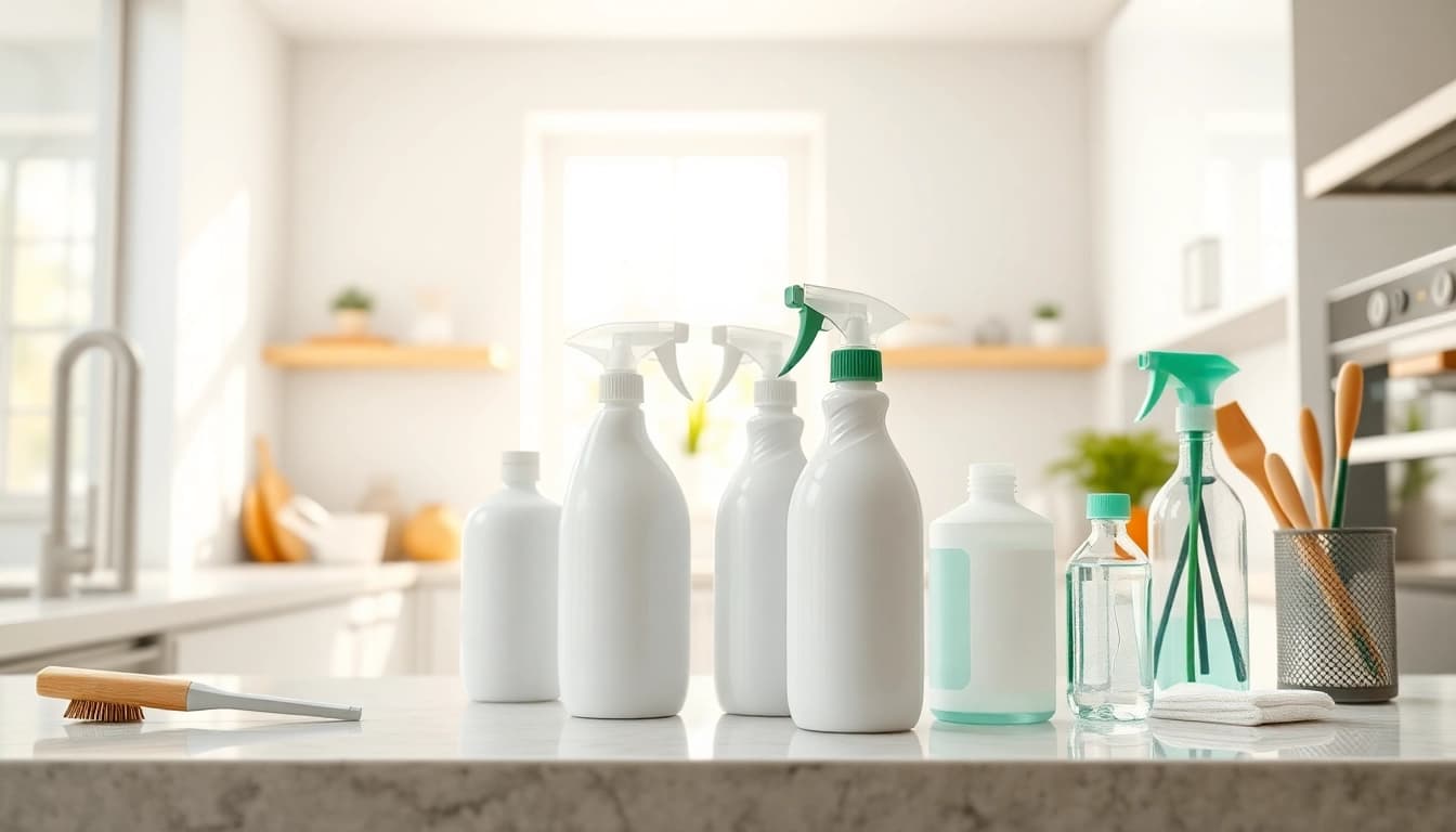 Reinigungsmittel displayed in a modern kitchen setting to emphasize cleanliness and freshness.