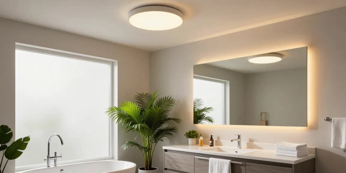 Badezimmer Deckenleuchten, die ein modernes Badezimmer mit elegantem Dekor und natürlichen Elementen erhellen