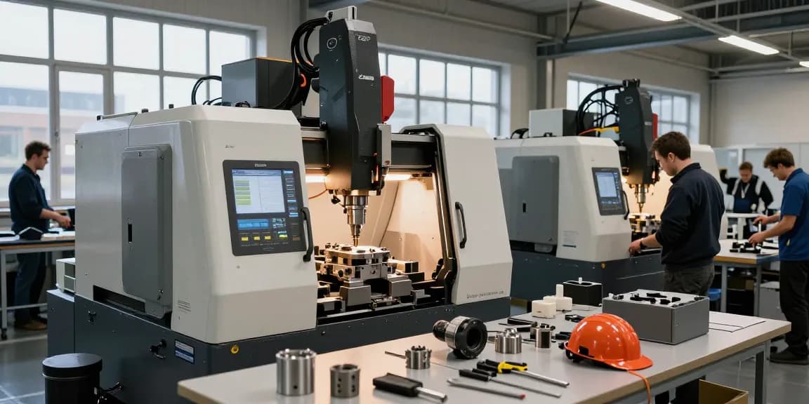 Fertigung von Präzisionsteilen in moderner CNC Werkstatt mit erfahrenen Fachkräften.