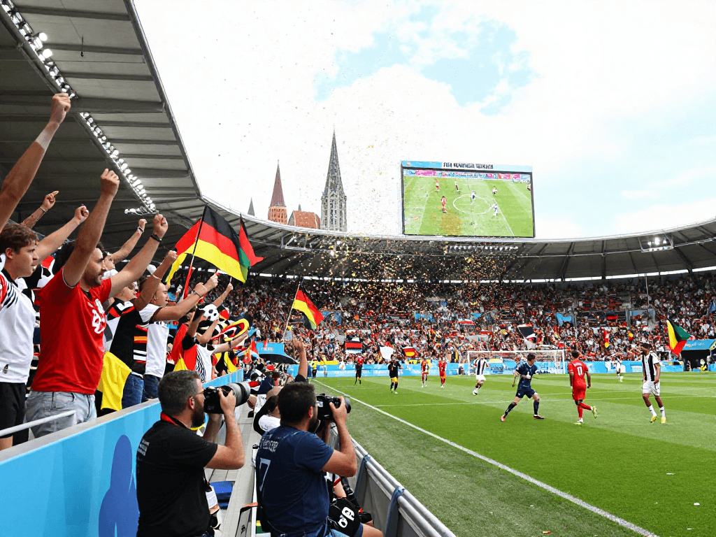 Fussball WM Deutschland 2026: Zuschauer jubeln beim spannenden Fußballspiel im Stadion.