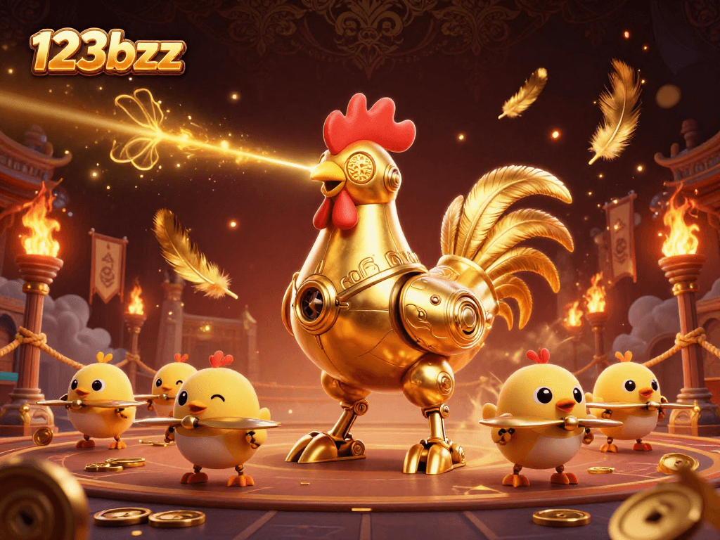 Engage with the 123bzz online casino featuring a golden rooster robot and baby chick drones amidst a vibrant gambling scene.