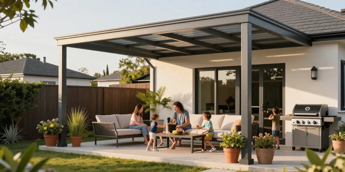 Attraktive Terrassenüberdachungen in einer sonnigen Gartenlandschaft mit spielenden Kindern und stilvollen Möbeln.