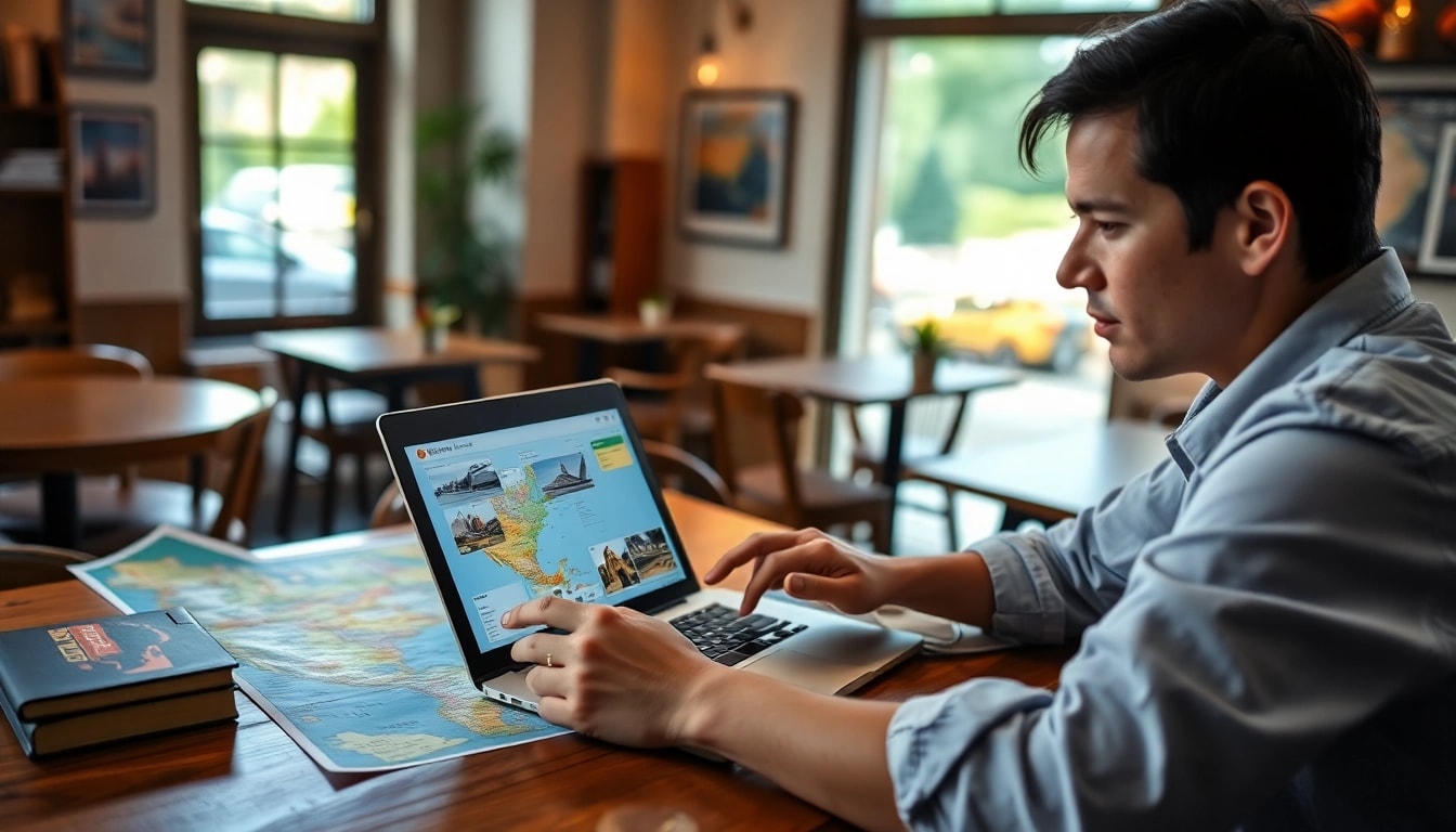 Vergleichen von Reisen online mit einem Laptop und bunten Reisekarten auf dem Tisch.