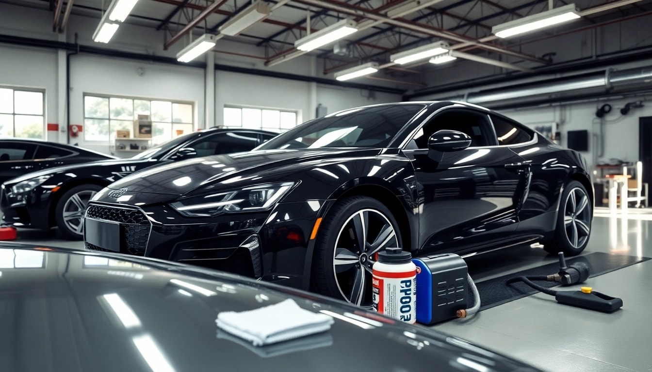 Fahrzeugaufbereitung im professionellen Garagenraum mit glänzenden Autos und Details.