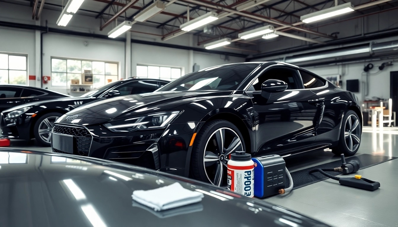 Fahrzeugaufbereitung im professionellen Garagenraum mit glänzenden Autos und Details.