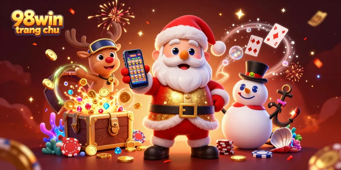 Winning strategies at 98win trang chu showcased by a festive casino scene with Santa and friends.