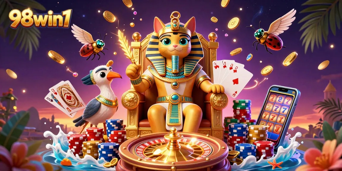 Engage with 98win1's vibrant pharaoh-themed casino experience featuring golden treasures and exciting gameplay.