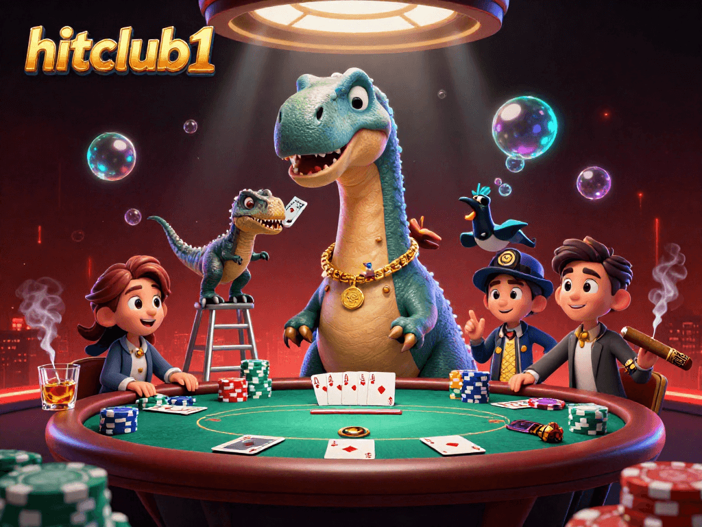 hitclub1 poker scene with a dinosaur dealer, vibrant colors, and game elements