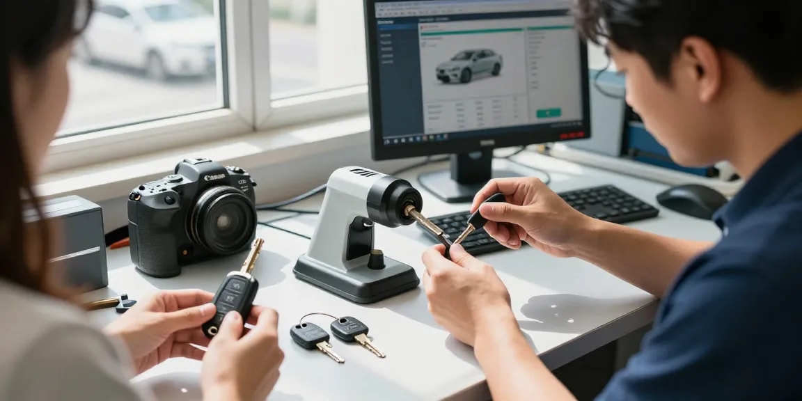 Schau es dir an, wie Experten in einer Werkstatt Fahrzeugschlüssel präzise anfertigen und Lösungen für Autoteile bereitstellen.