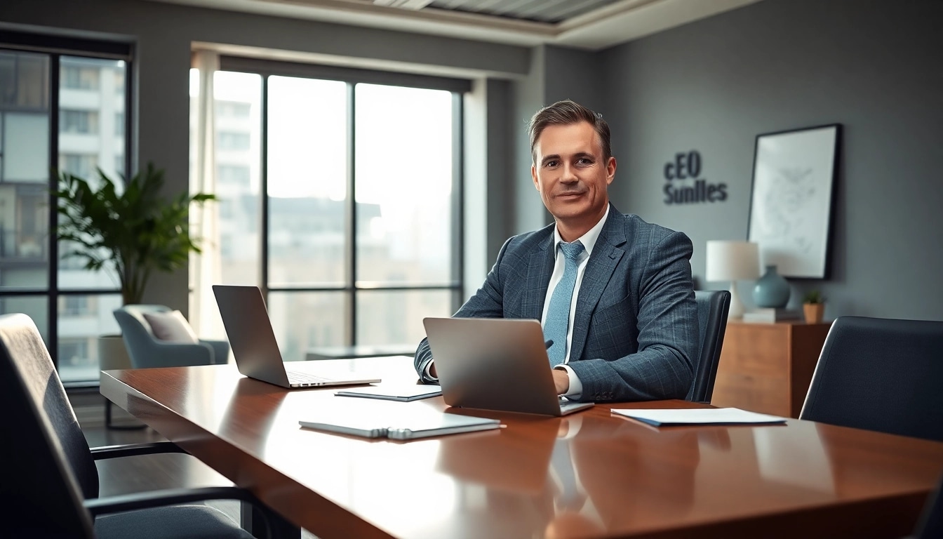 Visualisieren Sie einen selbstbewussten Headhunter CEO in einem modernen Büro, umgeben von Notizen und Laptop.
