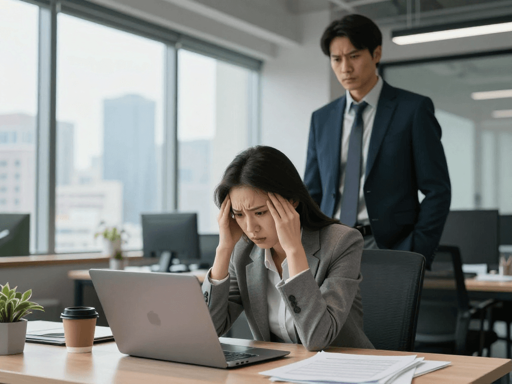 Die emotionale Belastung eines Mitarbeiters, der von seinem Chef gemobbt wird, im modernen Büro.