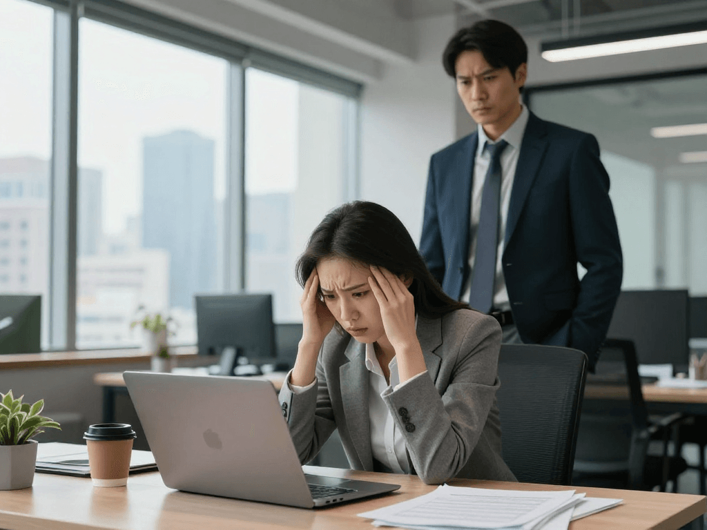 Die emotionale Belastung eines Mitarbeiters, der von seinem Chef gemobbt wird, im modernen Büro.