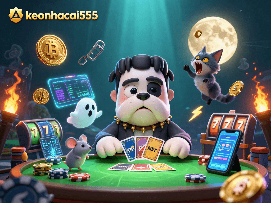 Engage in thrilling casino action with keonhacai555's unique gambling scene featuring a mystical dog dealer.